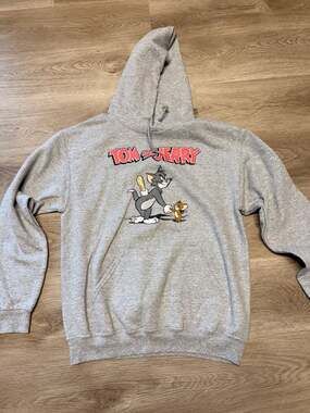Tom and Jerry Handshake Graphic Gray Hoodie Sweatshirt Size Medium